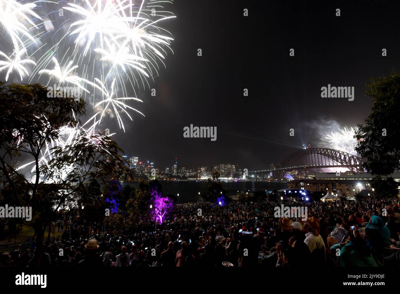 The 9pm Family fireworks explode over Sydney Harbour, as seen from Barangaroo Reserve, during