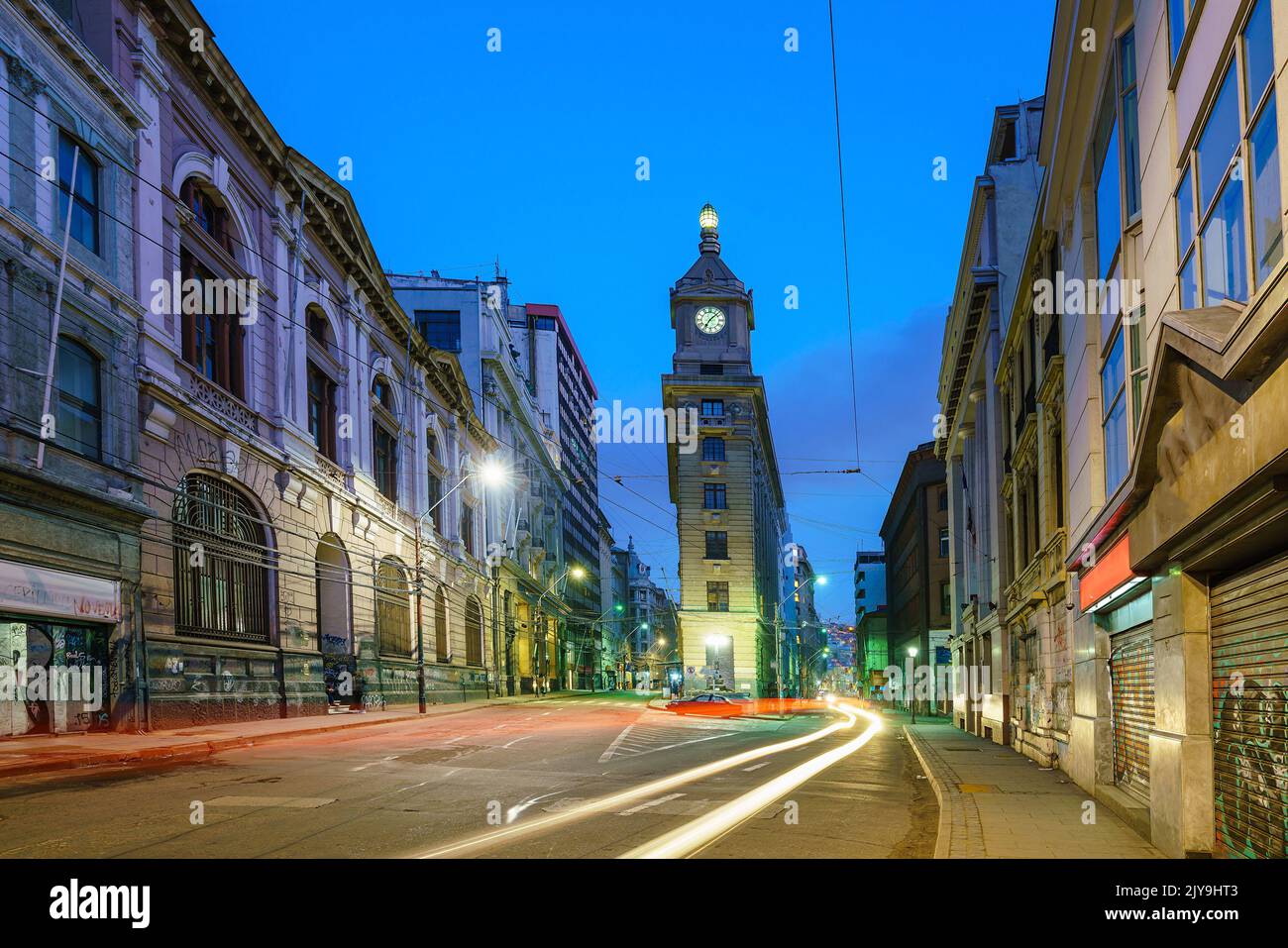 Shot of Downtown Valparaiso at night in Chile. Stock Photo
