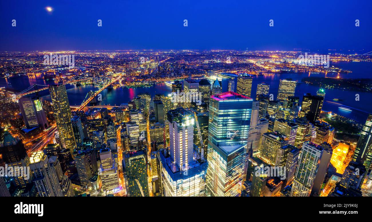 New York City Manhattan downtown skyline at night Stock Photo - Alamy