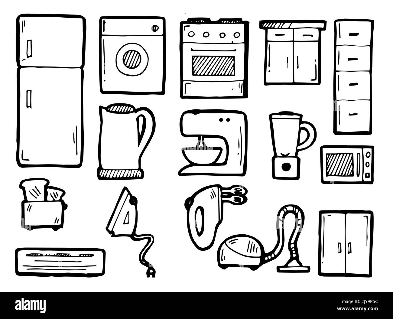 Old kitchen with furniture and items. Set of objects. Outline hand drawn sketch. Drawing with