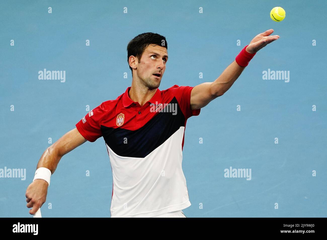 Novak Djokovic of Serbia serves in his game against Denis Shapovalou of  Canada during day 8 of the ATP Cup tennis tournament at Ken Rosewall Arena  in Sydney, Friday, January 10, 2020. (