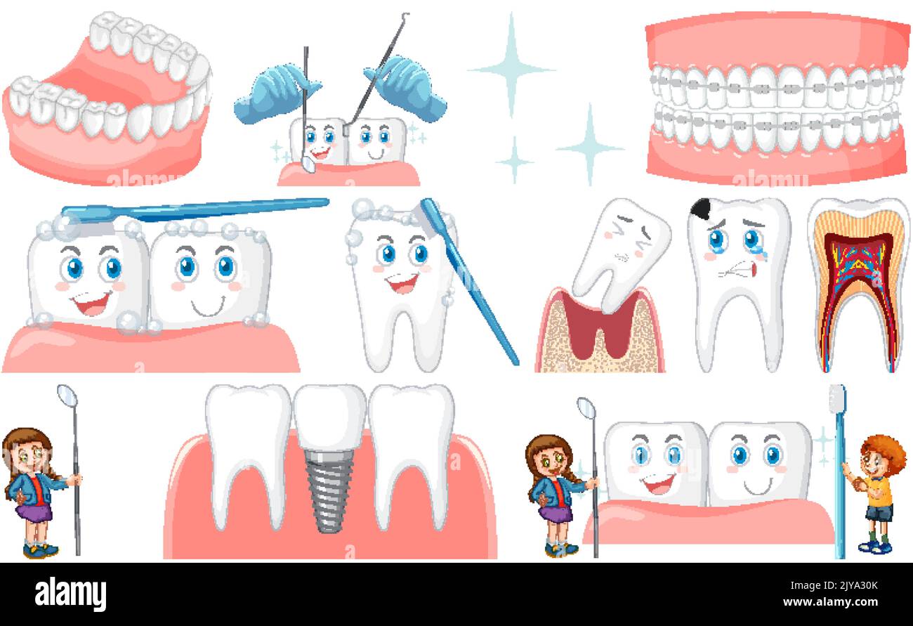 Set of dental equipments and cartoon characters illustration Stock ...