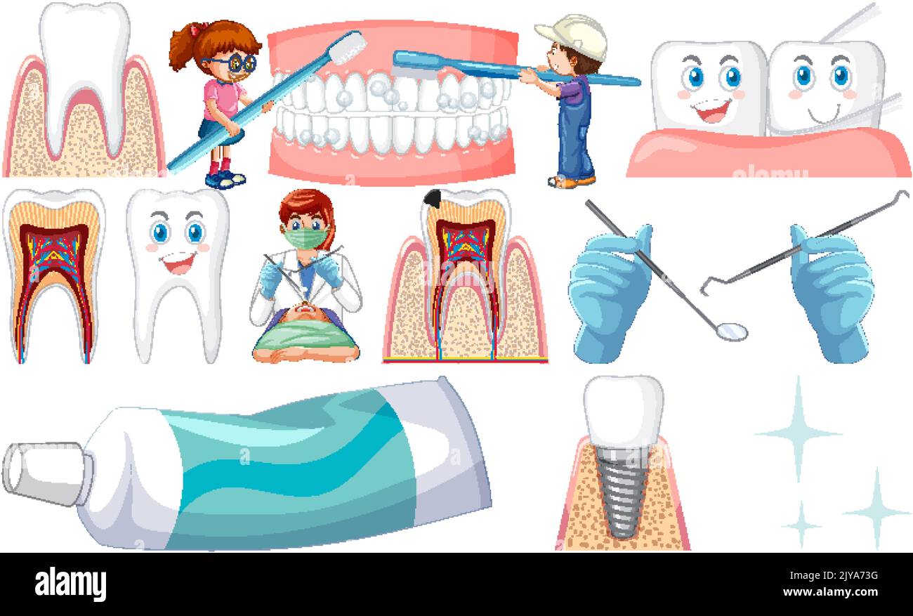 Set of dental equipments and cartoon characters illustration Stock ...