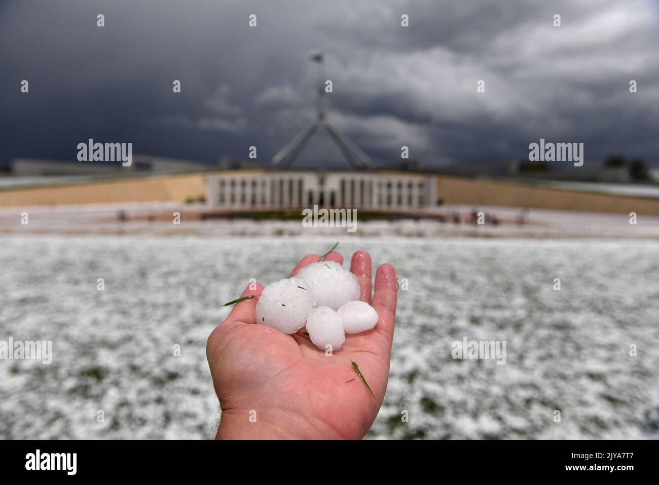 Golf ball size hail after a severe hail storm is seen at Parliament