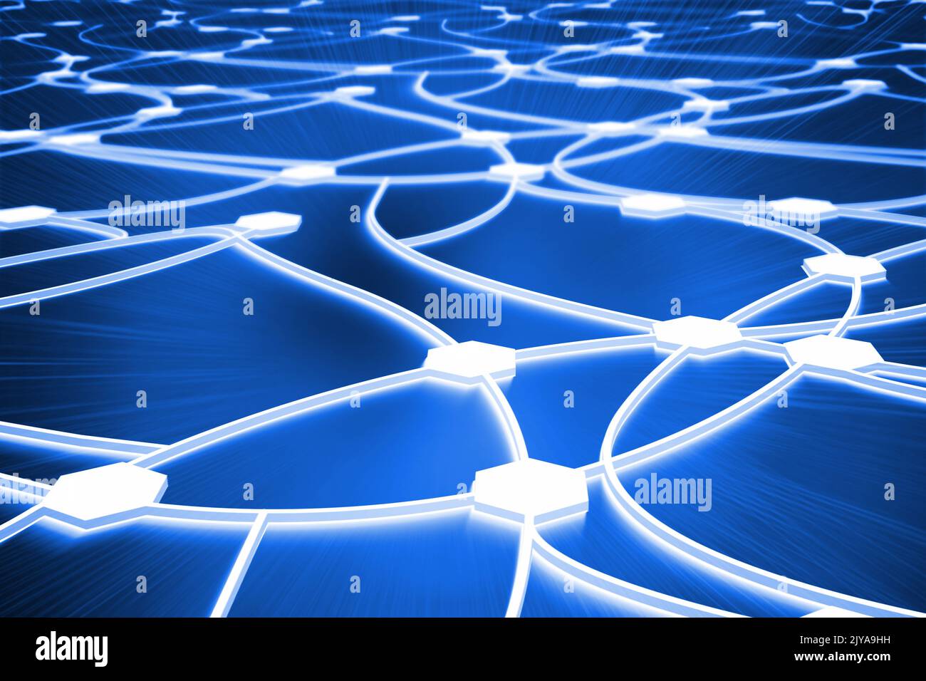 Glowing hexagon connected with lines on blue background Stock Photo - Alamy
