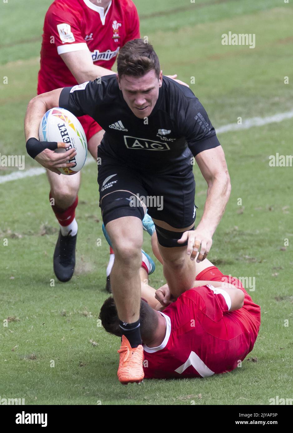 Sam Dickson Rugby Sam Dickson of New Zealand is tackled by Wales during day one of the ...