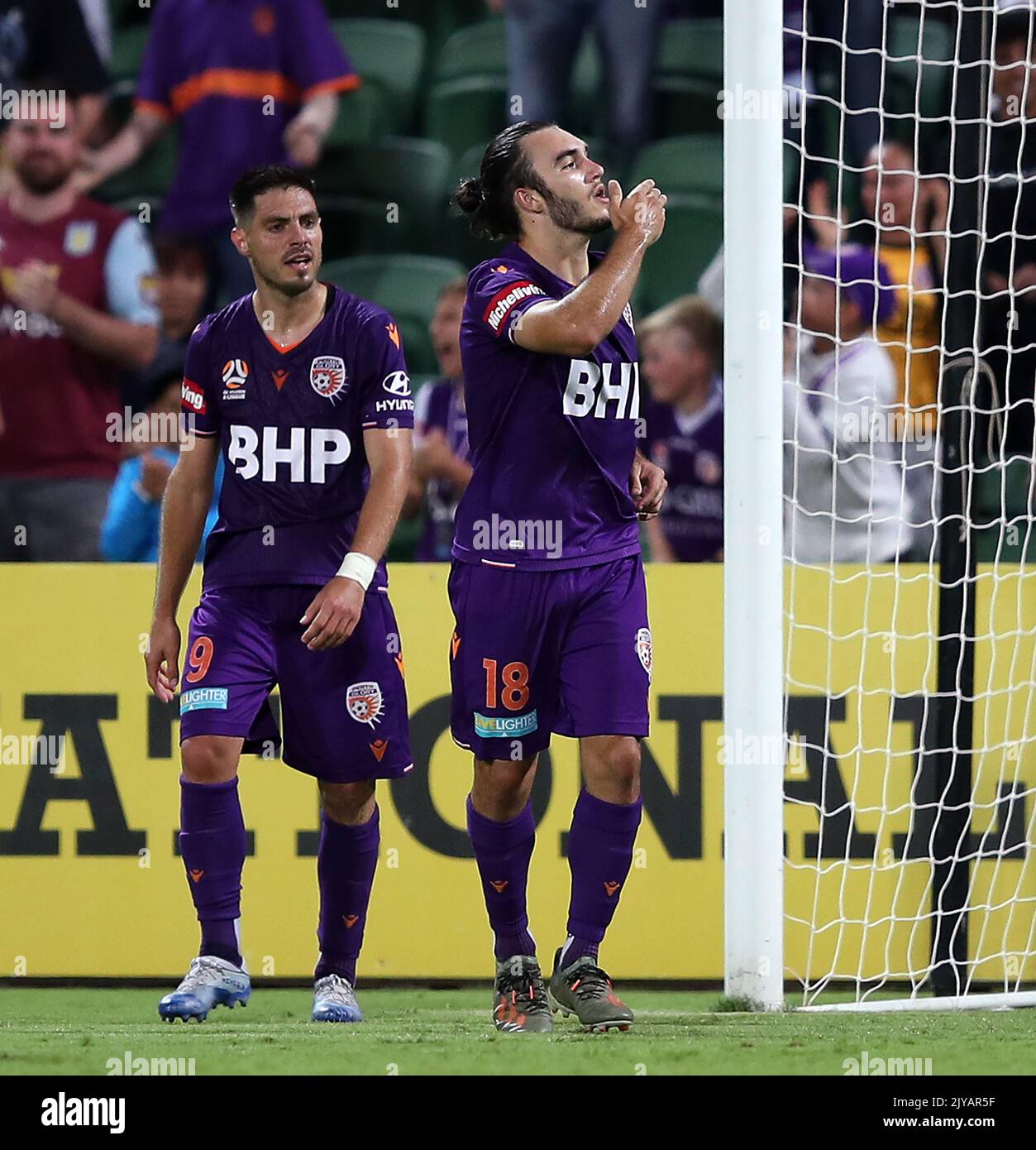 Nicholas D'Agostino of Perth Glory celebrates scoring a goa during the ...