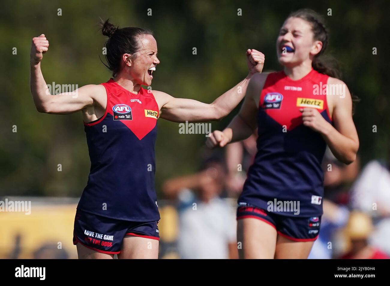 Daisy Pearce of the Demons celebrates the win on the siren during the ...