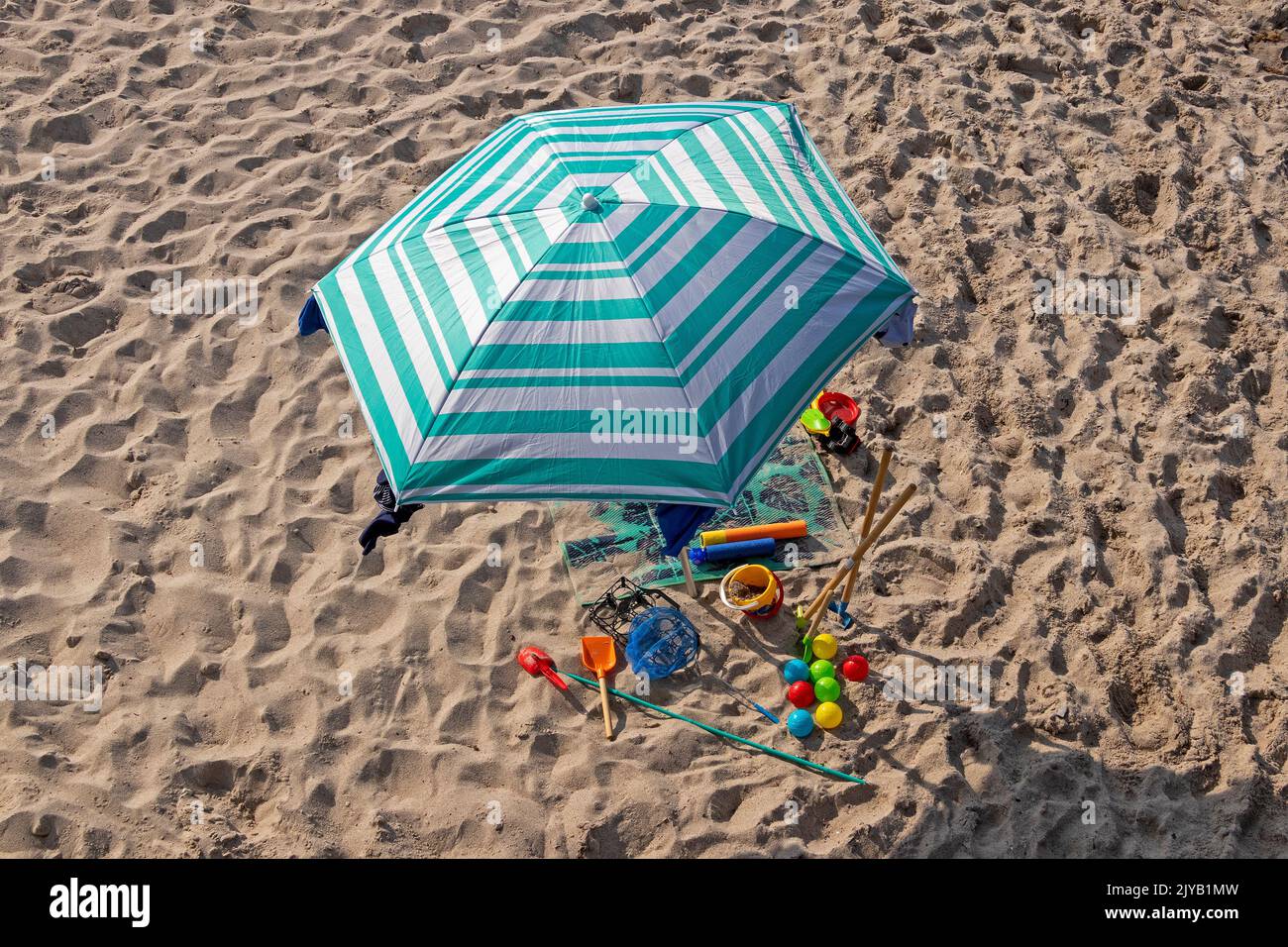 parasol and beach toys, beach, Kühlungsborn, Mecklenburg-West Pomerania, Germany Stock Photo