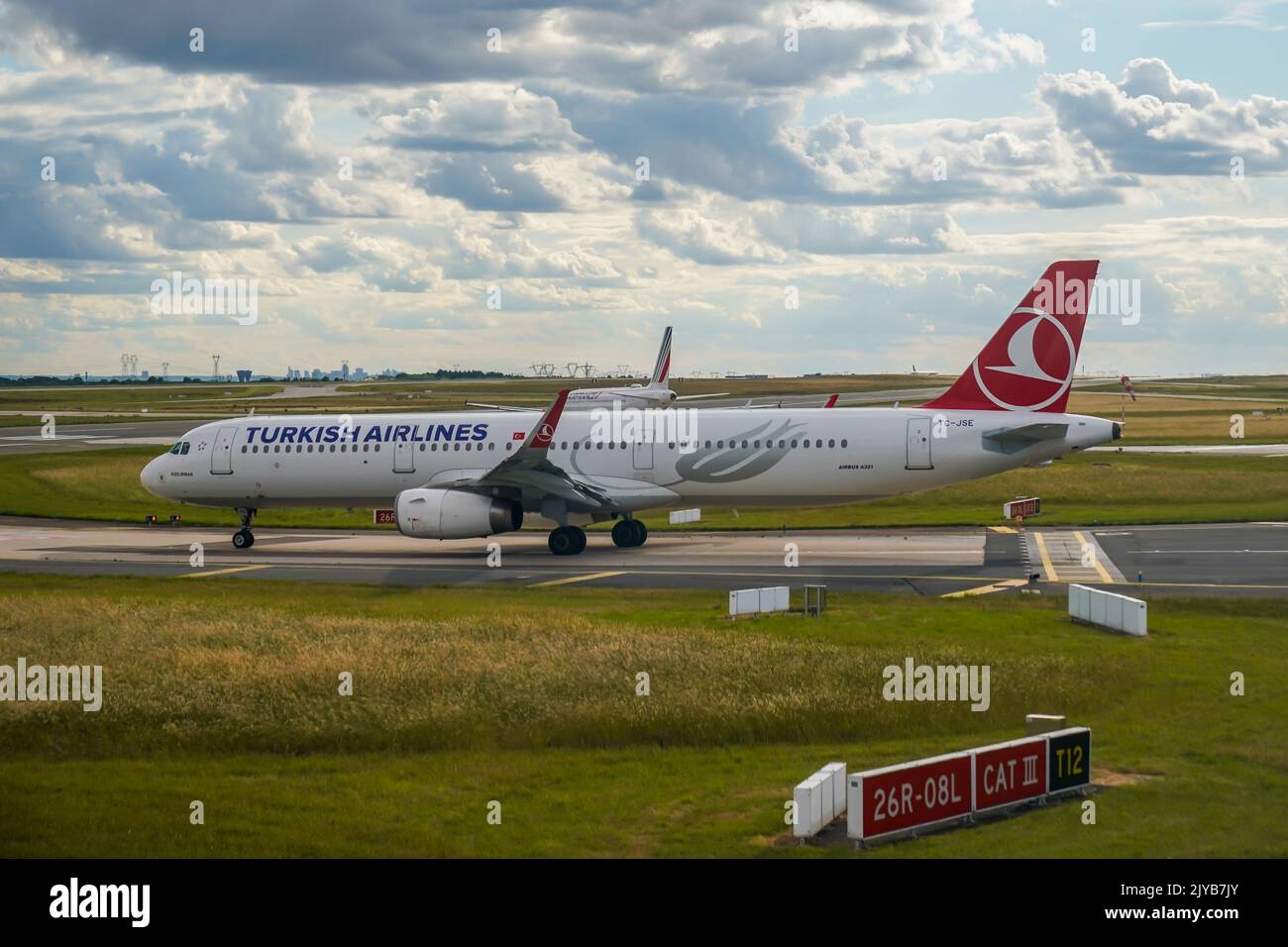 Turkish Airlines Airbus A321 on tarmac at Charles de Gaulle Airport in Paris. Turkish Airlines is the national flag carrier airline of Turkey Stock Photo