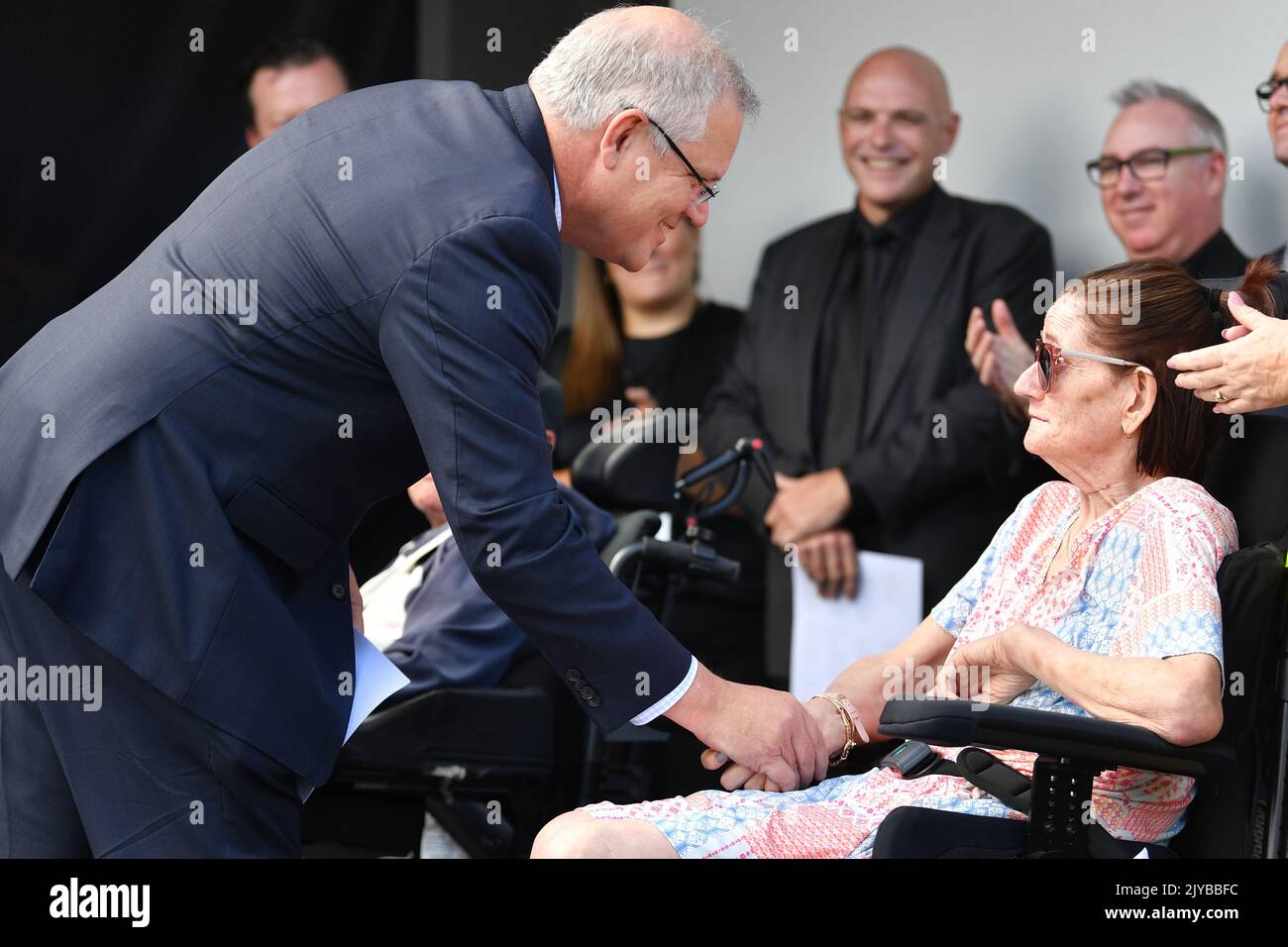 Prime Minister Scott Morrison meets Vicki Tofler during a visit to the DPN Casa Capace Specialist Disability Accommodation Pilot home in Oran Park, Sydney, Thursday, February 20, 2020. (AAP Image/Dean Lewins) NO ARCHIVING ** STRICTLY EDITORIAL USE ONLY ** Stock Photo