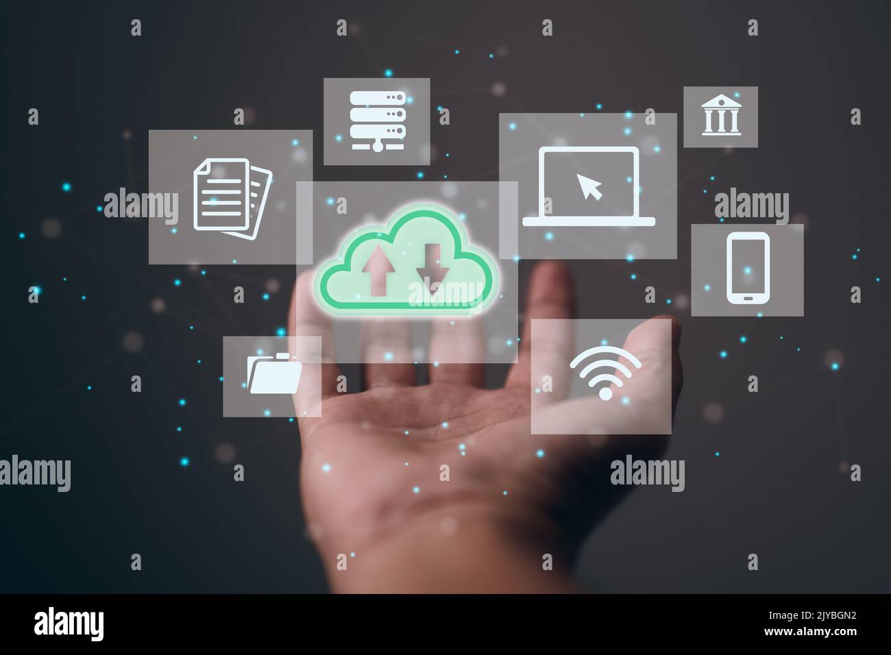Database data can be moved to the Cloud with help from this technology. Integrated digital web on hand concept. Stock Photo