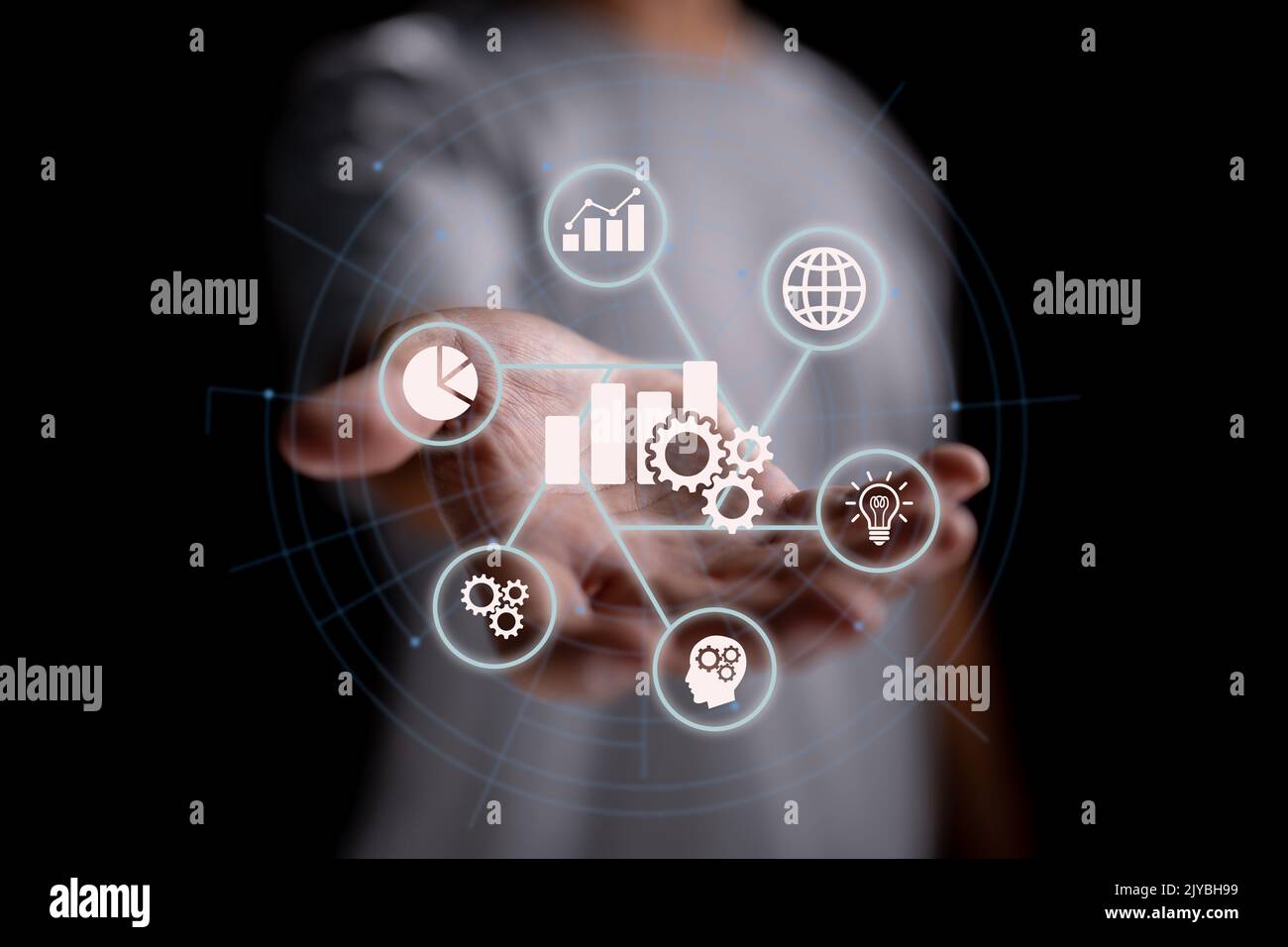 On a virtual reality screen, a business analytics and big data analysis technology idea. Stock Photo
