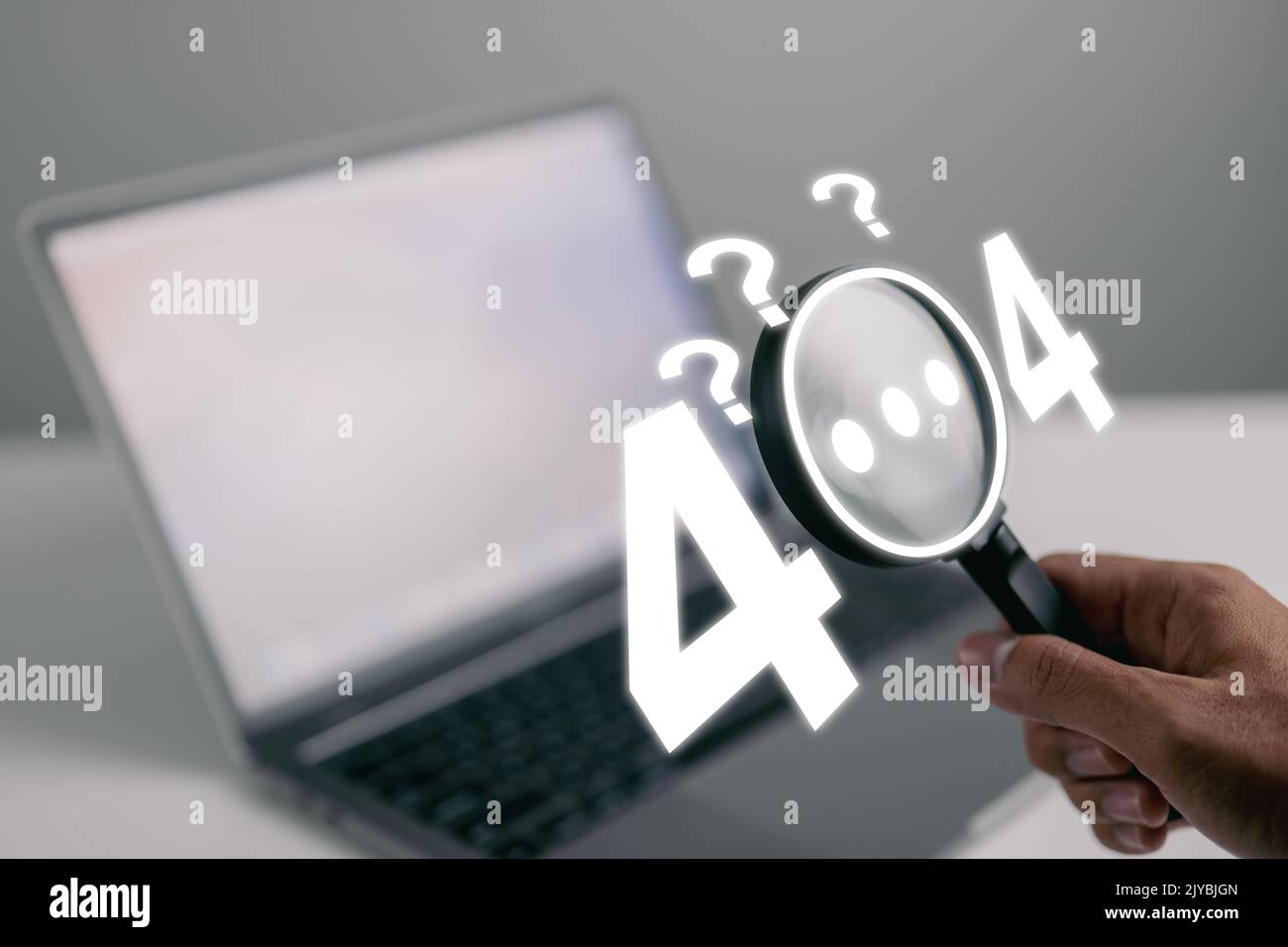 A guy checks a webpage message with a magnifying glass and question marks. Stock Photo