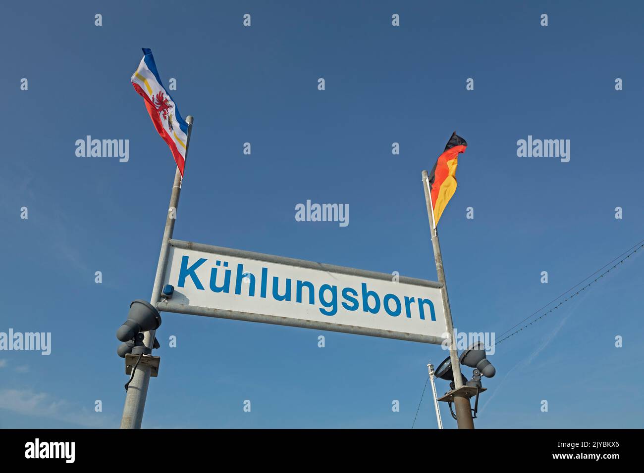flags, town sign, pier, Kühlungsborn, Mecklenburg-West Pomerania, Germany Stock Photo