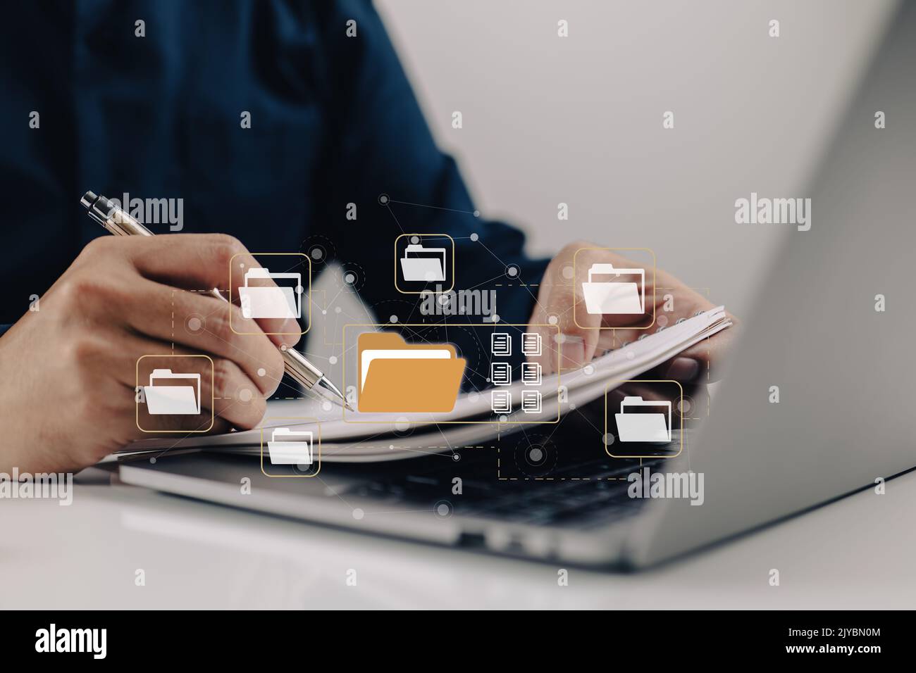 Electronicdocumentbased paperless office concept. A businessman types