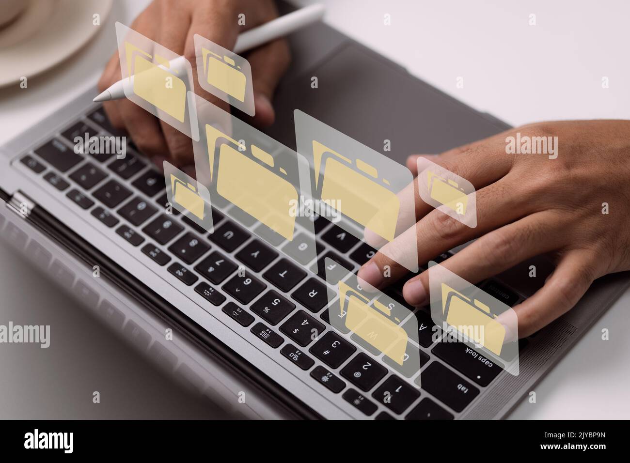 Paperless workplace idea based on edocuments. On a virtual screen, a