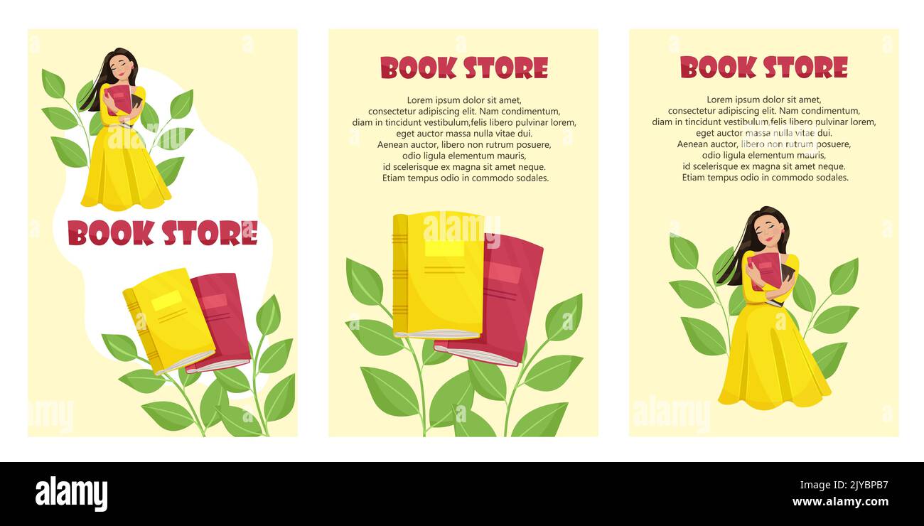 Happy girl holding books in hands set of banners for bookstore. Read books concept. Vector illustration in flat style Stock Vector