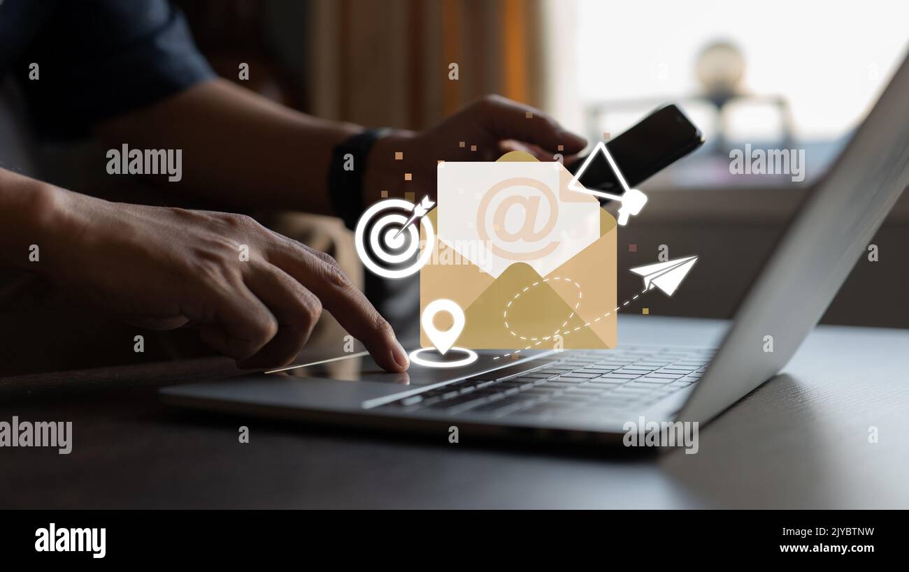 Email marketing as a concept. advertising media, target consumers, send messages, invite people, get message notifications, make attractive offers. Stock Photo