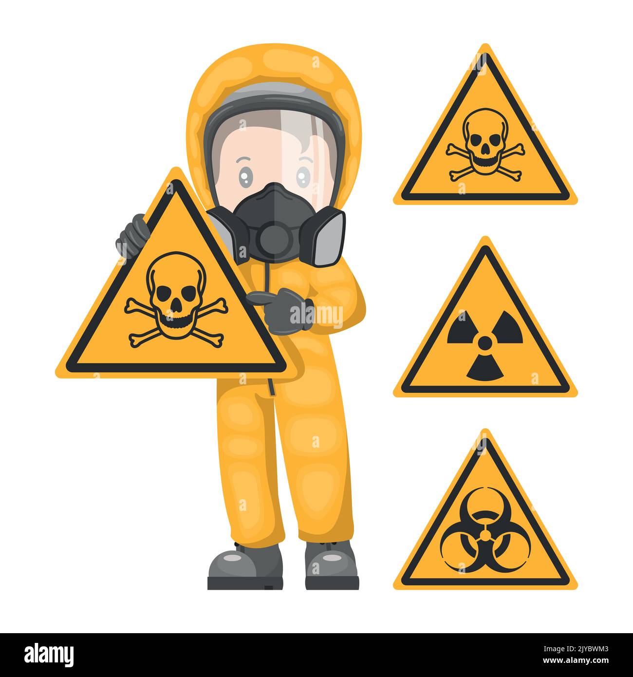 Industrial worker with sign warning of toxic, radioactive and biological material hazards. Caution pictogram and icon. Industrial safety and occupatio Stock Vector