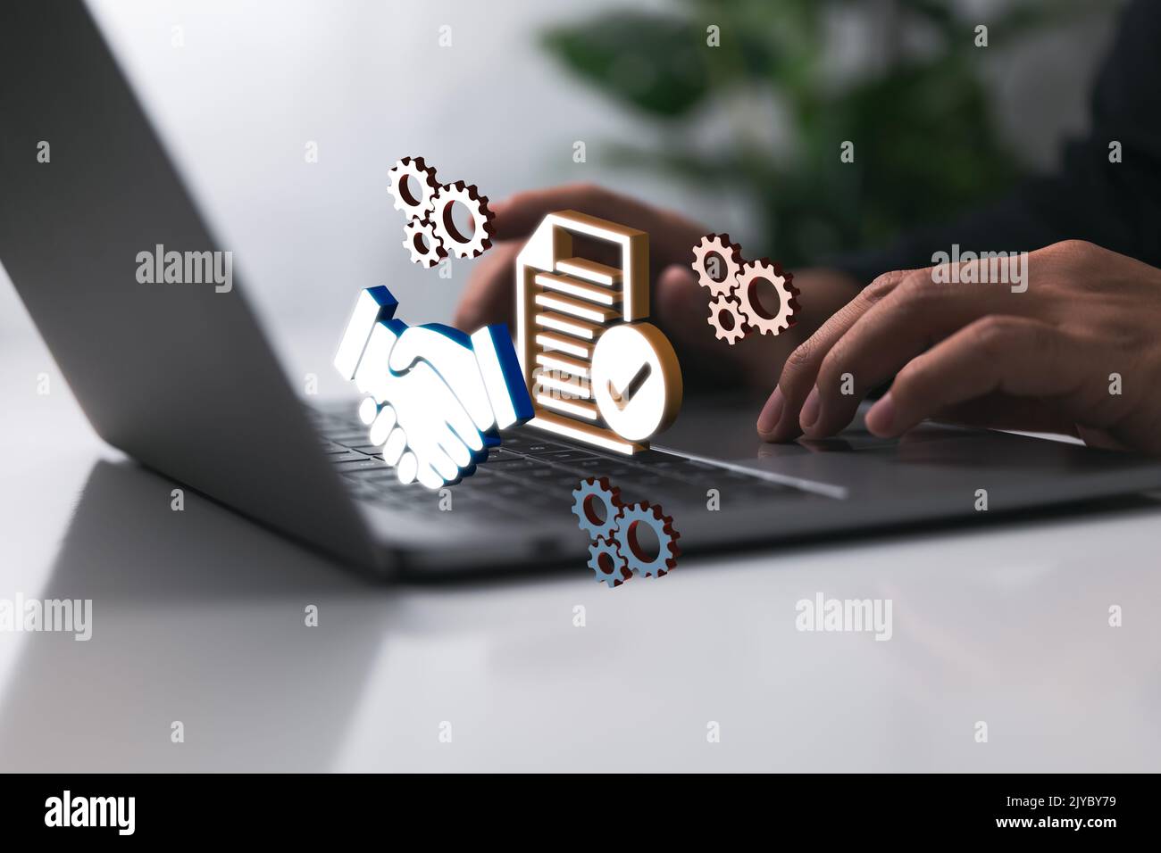 Computer Images Agement Online agreement contract document on laptop computer. Online business ...
