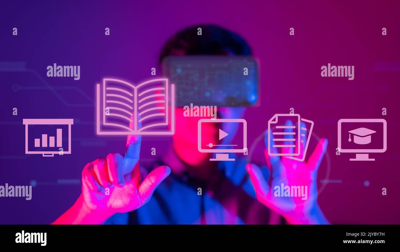 Immersive Learning. Mature student in virtual reality headset. Stock Photo