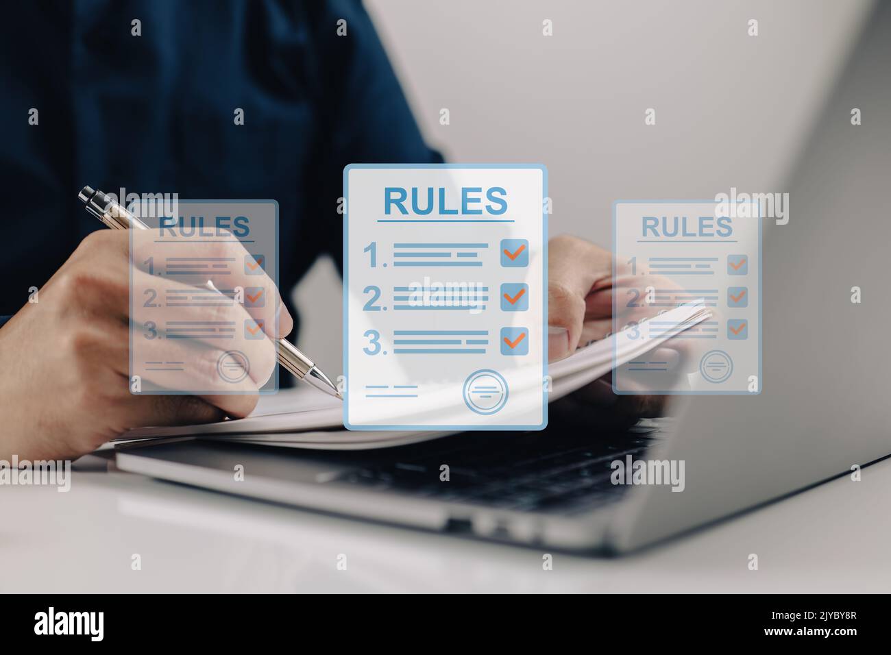 Businesspeople read and study guidelines, make checklists, and study