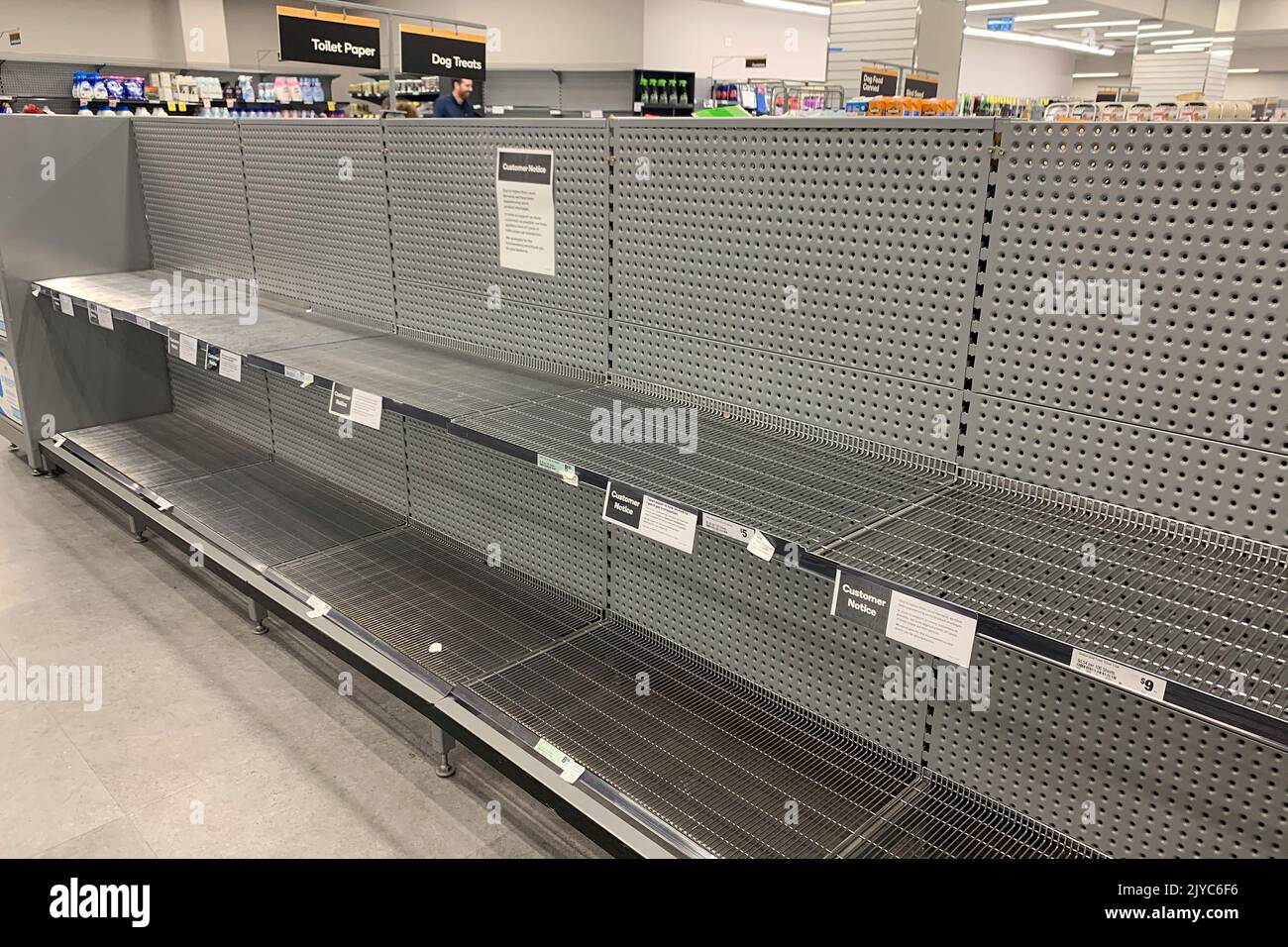 Empty shelves of toilet paper are seen at Woolworths Town Hall in
