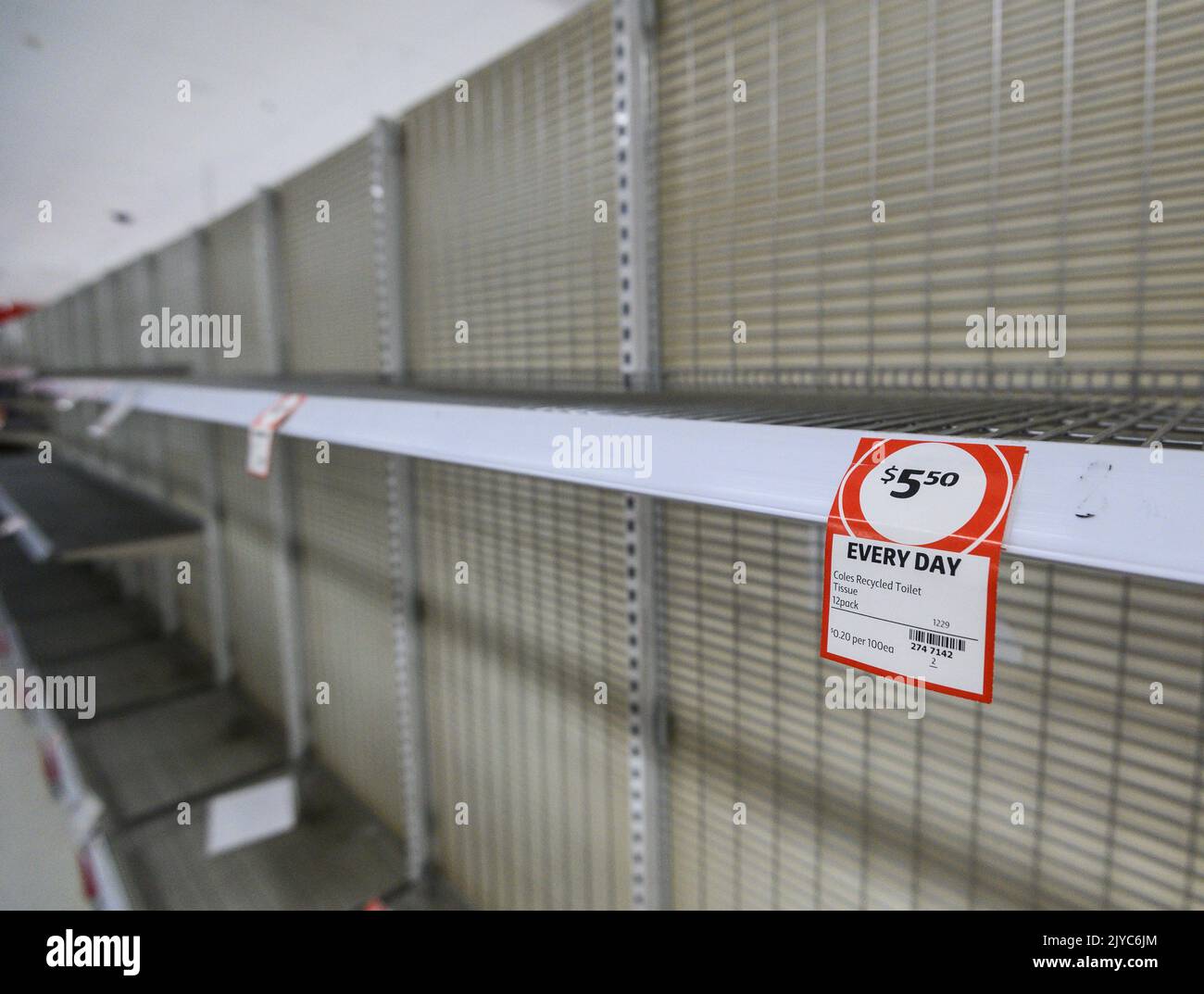 Empty shelves of Toilet Rolls at Coles Supermarket, Parramatta in