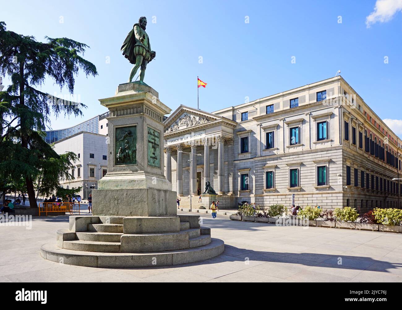 Statue of Miguel de Cervantes (1547–1616)  at Plaza de las Cortes in Madrid Spain.Spanish writer best known for his novel Don Quixote Stock Photo