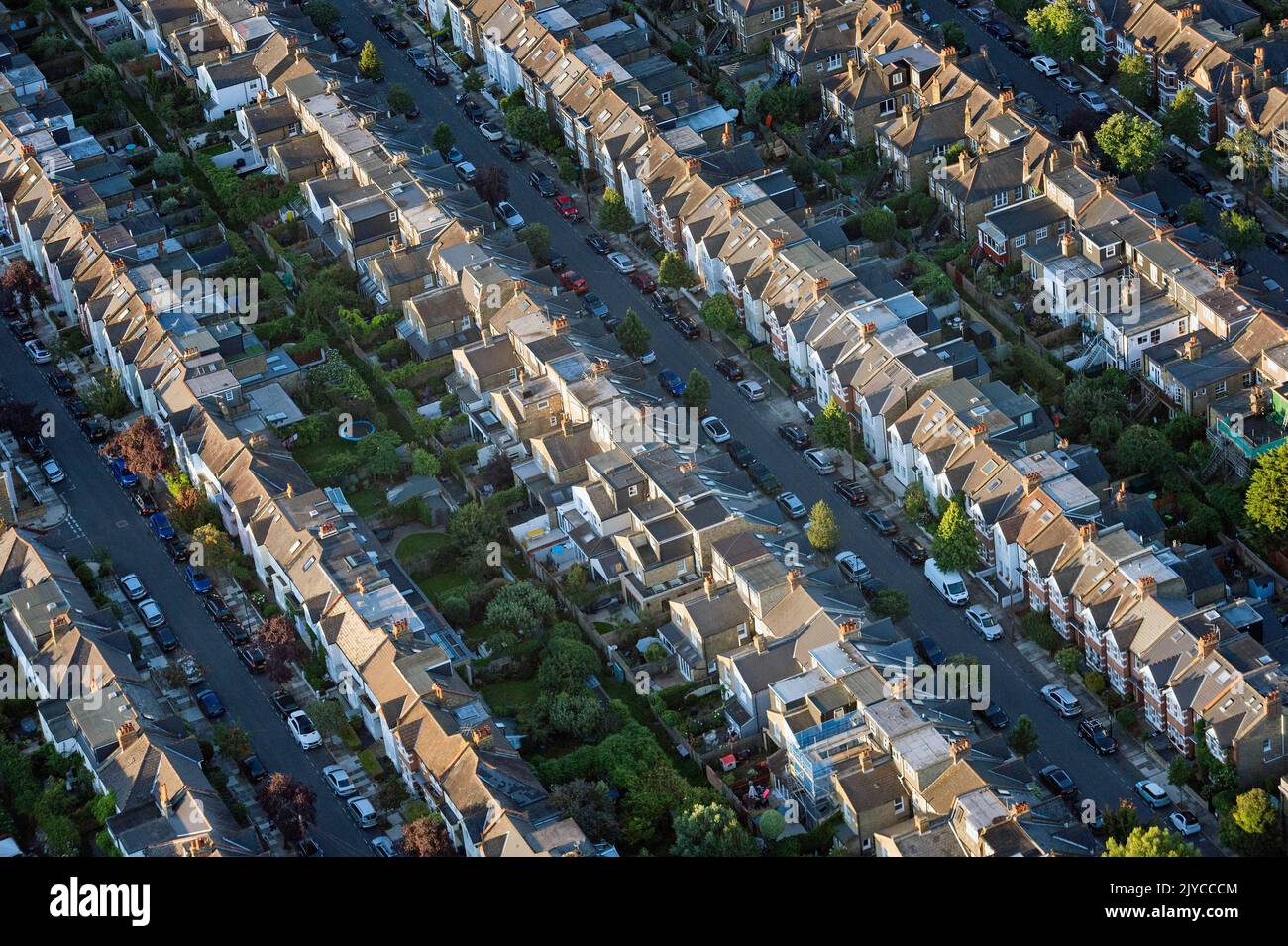 File photo dated 13/08/17 of an aerial view of terraced houses in south west London, as homebuyer inquiries fell in August at the steepest rate since the early stages of the coronavirus pandemic as the cost-of-living crisis and wider economic challenges affected market conditions, according to surveyors. Stock Photo