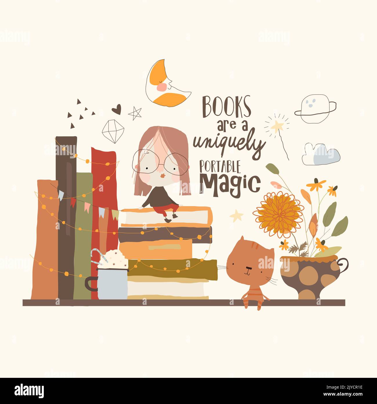 Cute Girl sitting on Big Stack of Books Stock Vector Image & Art - Alamy