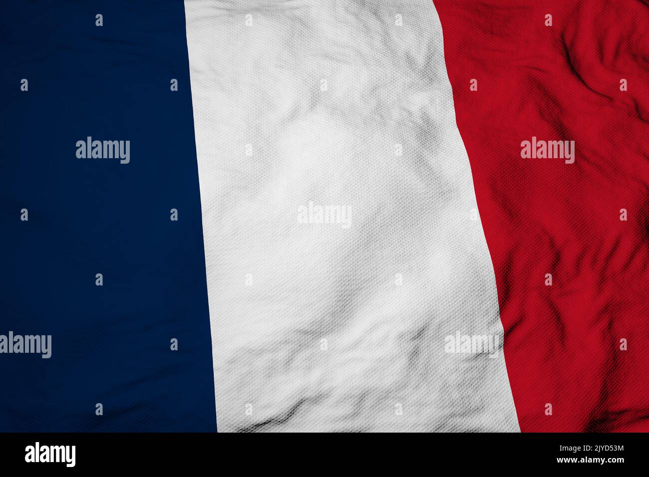Full frame close-up on a waving French flag in 3D rendering. Stock Photo