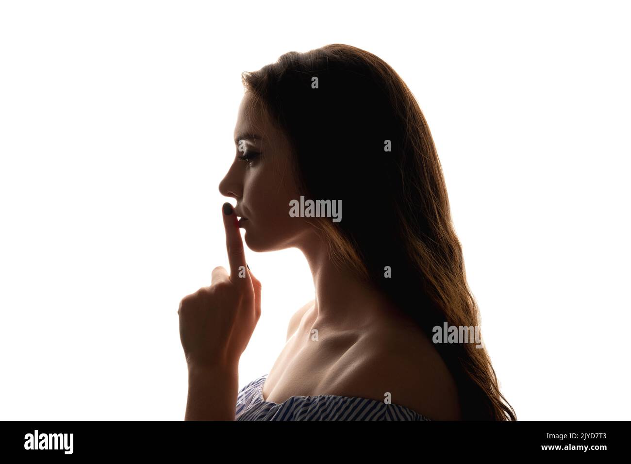 shush gesture female secret woman shhh finger lips Stock Photo