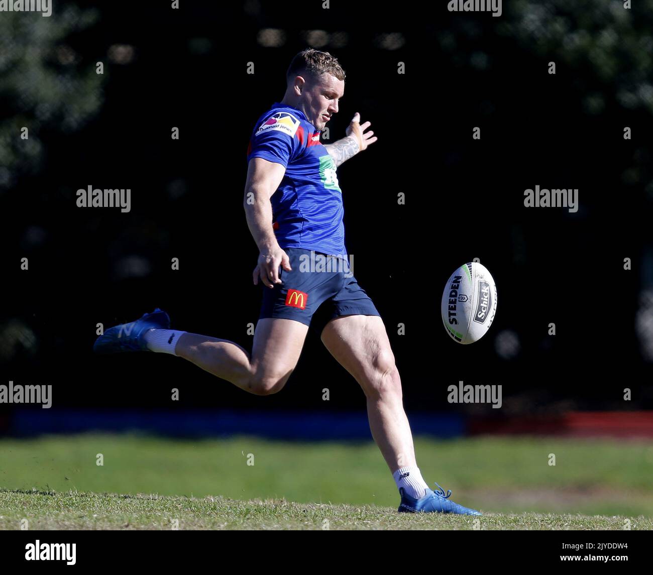 Kurt Mann puts in a kick during an NRL Knights training session at ...
