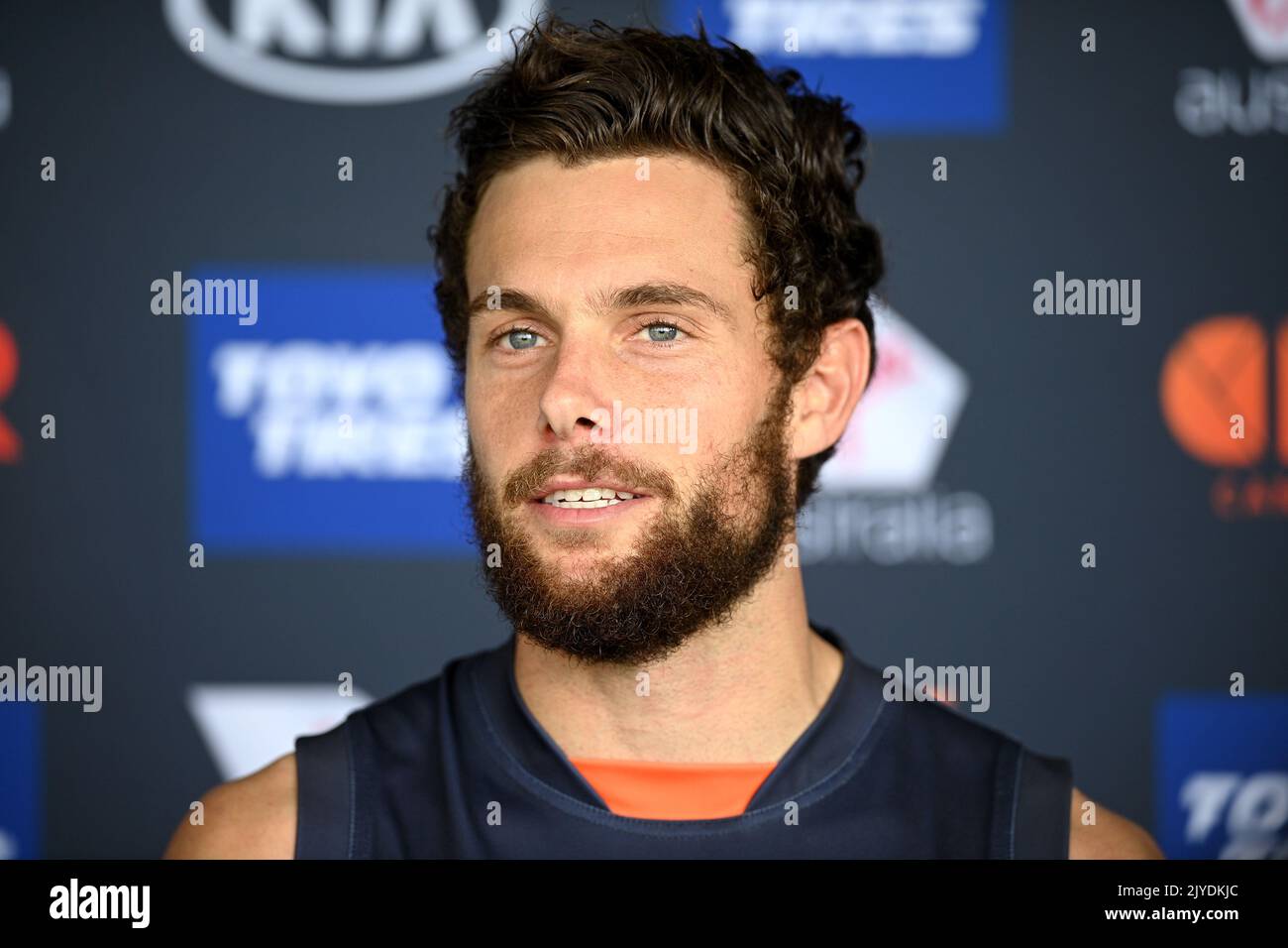 Josh kelly of the giants speaks to media following a training session