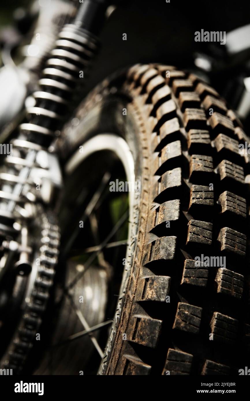 Rear tyre of trials / motocross bike. Stock Photo