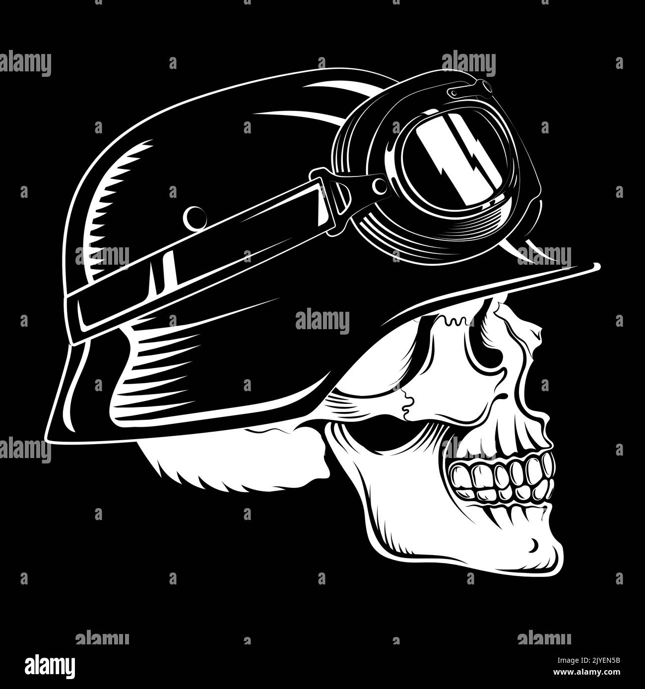 Design in a biker retro style. Skull with motorbike helmet and safety goggles Stock Vector