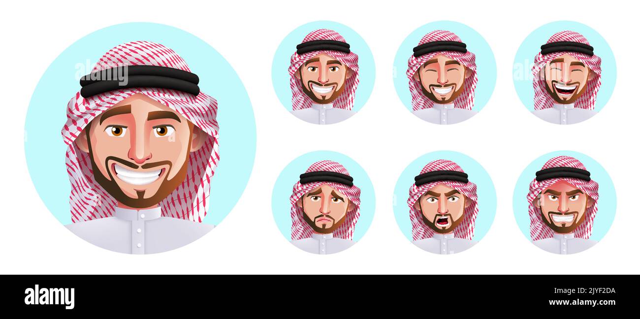 Saudi arab man faces vector set. Arabian characters in smiling, sad, angry and handsome facial expression isolated in white background for emotion. Stock Vector