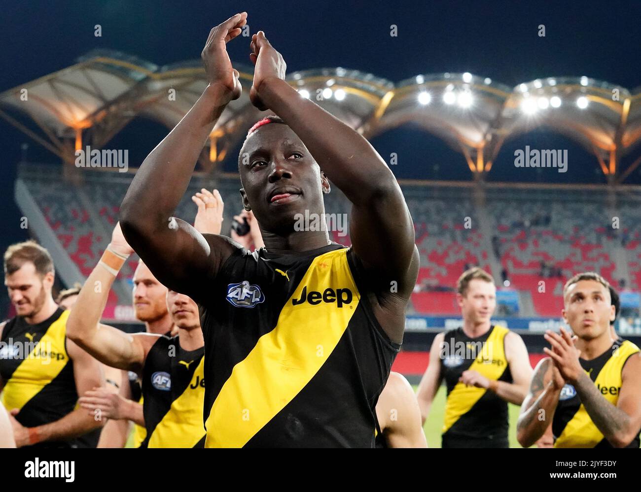 Mabior Chol of the Tigers celebrates following the Round 7 AFL match ...