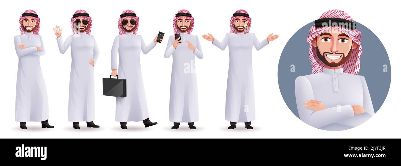 Arab business man vector character set. Saudi arab characters isolated in white background with phone and sunglasses for professional arabian boss. Stock Vector