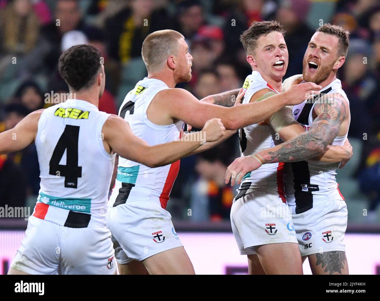 Tim Membrey of the Saints (R) celebrates a goal during the Round 8 AFL ...