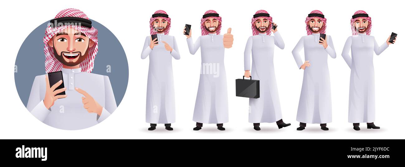 Saudi arab man vector character set. Business characters in professional pose and gestures isolated in white background  for arabian people design. Stock Vector