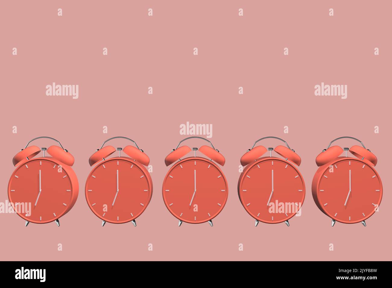 row of clocks line of alarm clocks colourful 3D render rendered clocks clock array multiple clocks Stock Photo