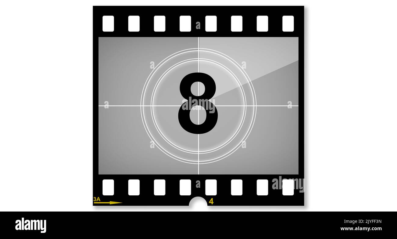 Old film movie with timer count number eight, 3d rendering Stock Photo