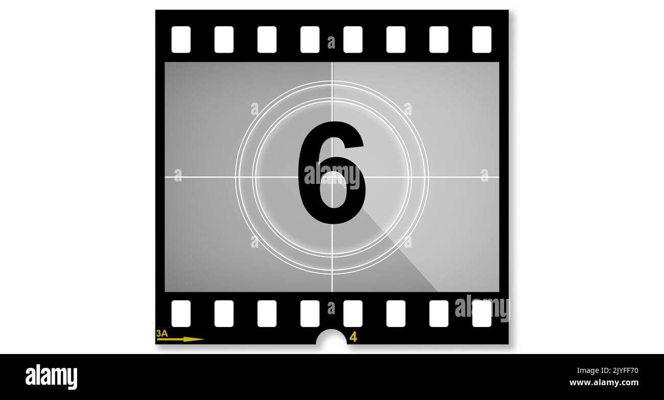 Old film movie with timer count number six, 3d rendering Stock Photo