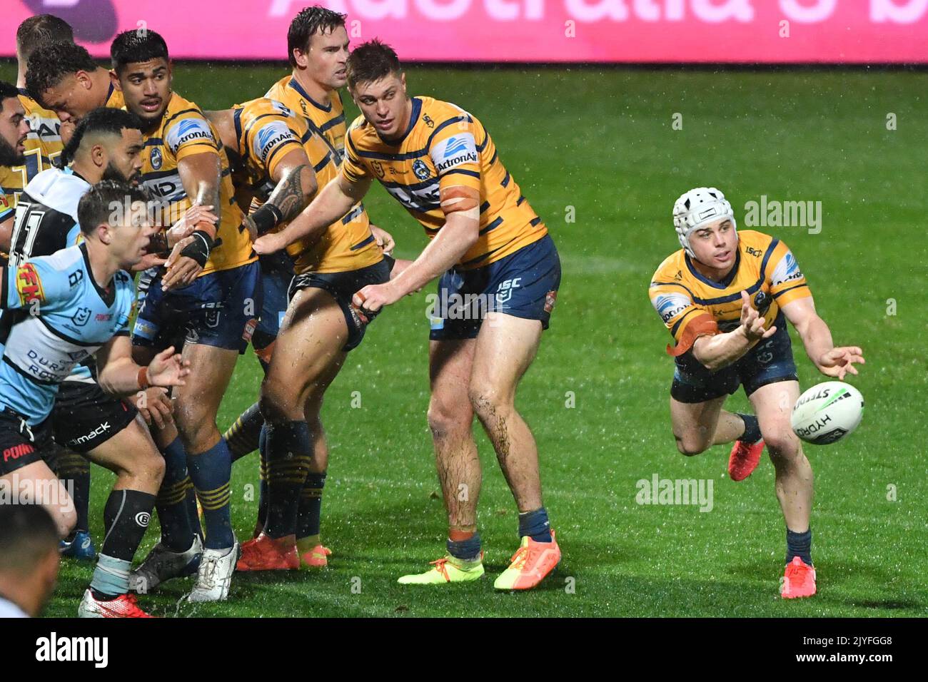 Eels Reed Mahoney passes from a scrum during the Round 13 NRL match ...