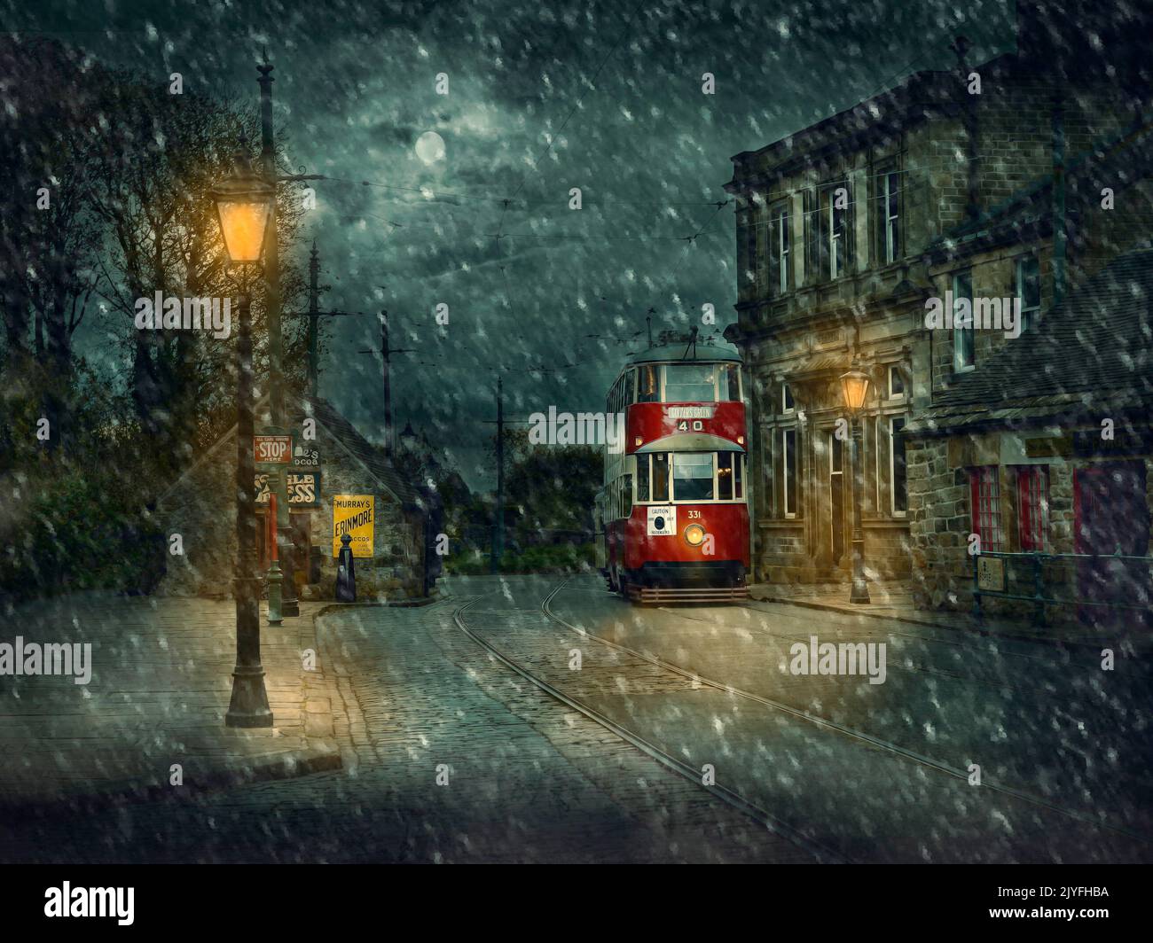 Victorian Tram, Snowy Street Scene Stock Photo