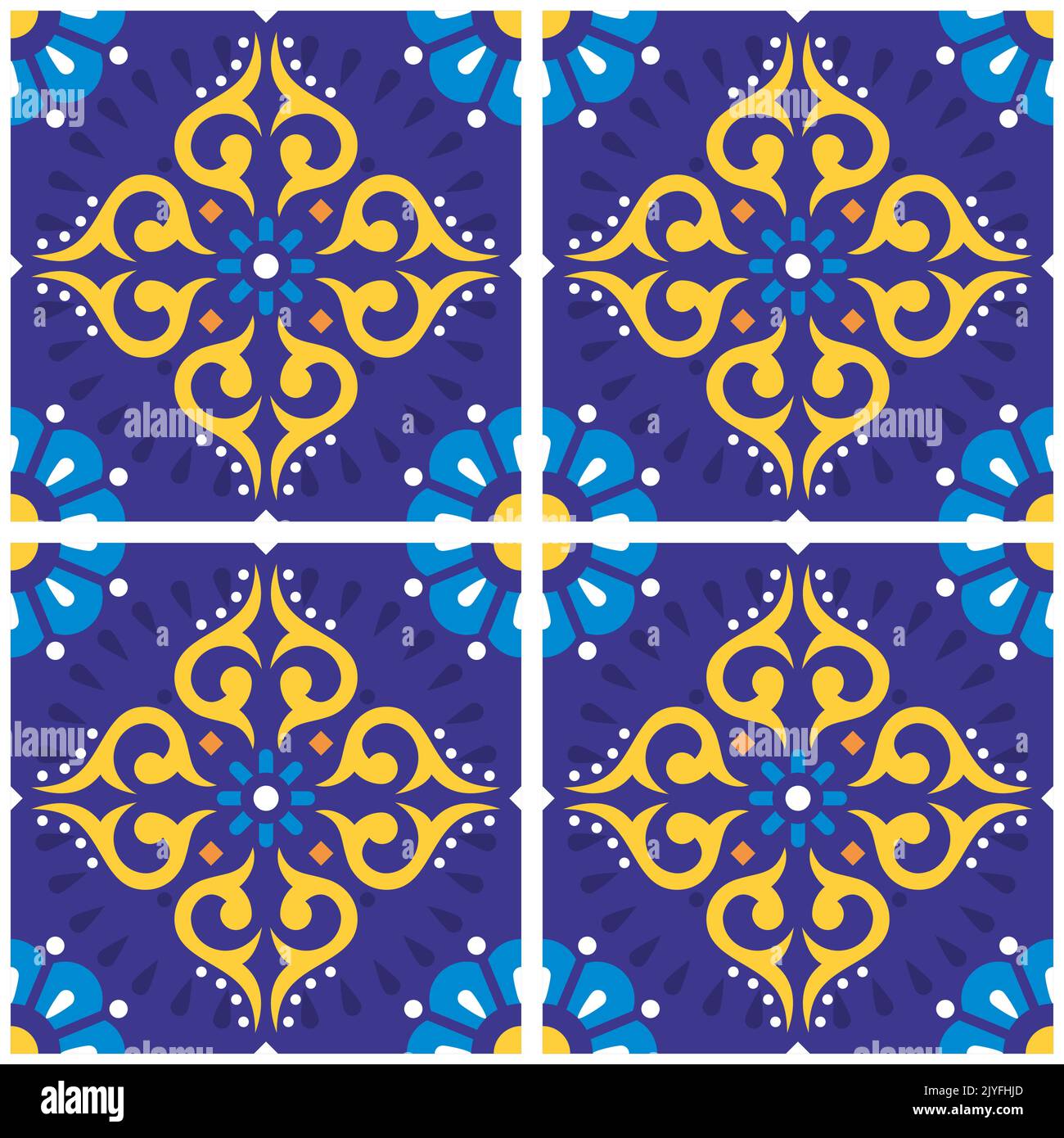 Seamless vector decorative tiles pattern with flowers and swirls, design inspied by Mexican talavera style Stock Vector