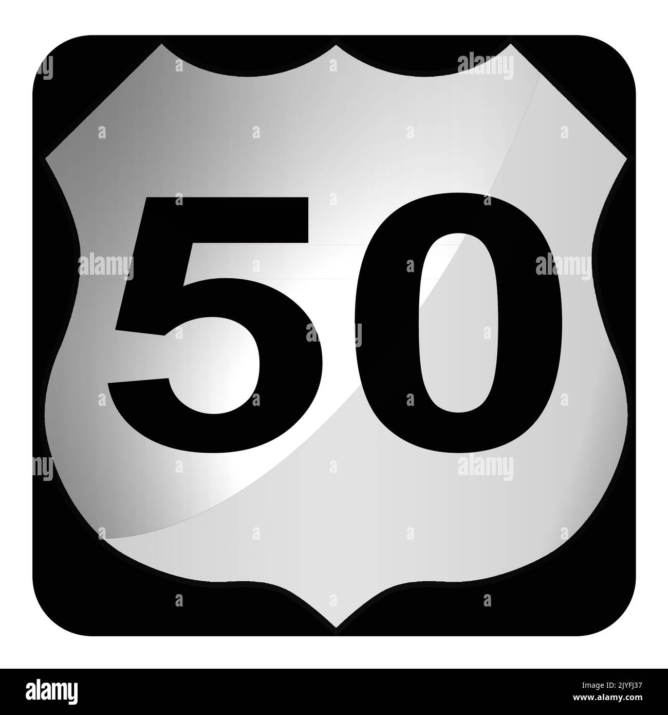 Black and white road sign with US highway 50 with a white background